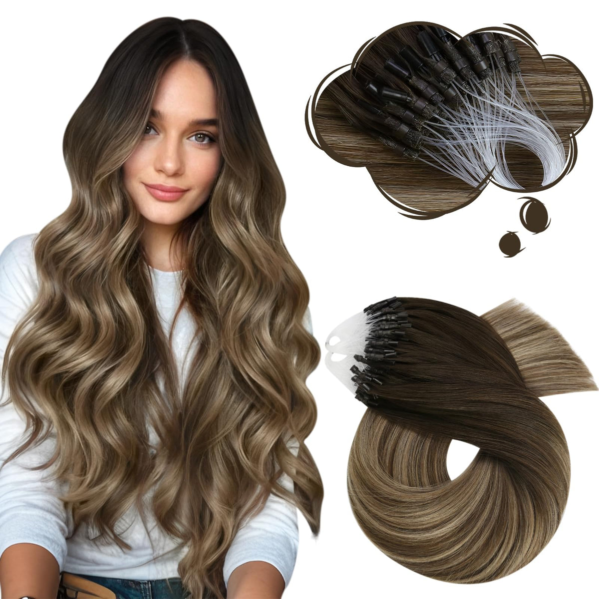 Moresoo Micro Loop Hair Extensions brown golden blonde front view