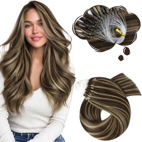 Moresoo Micro Loop Hair Extensions Caramel Brown Highlight front view