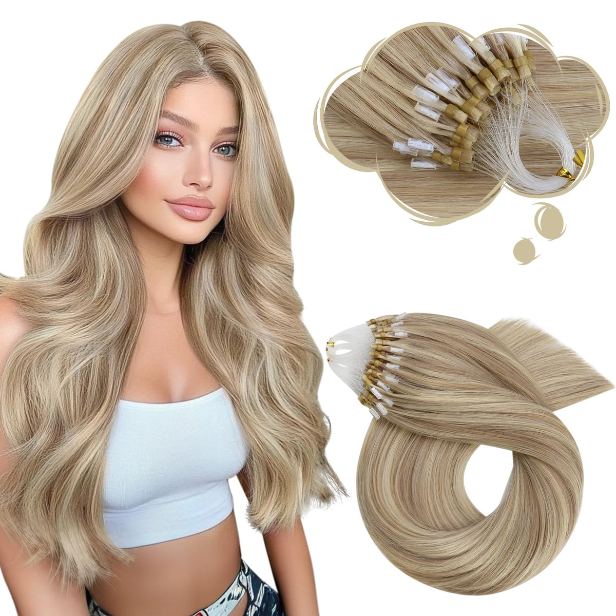 Moresoo Micro Loop Hair Extensions Golden Beige Blonde 22 inch front view