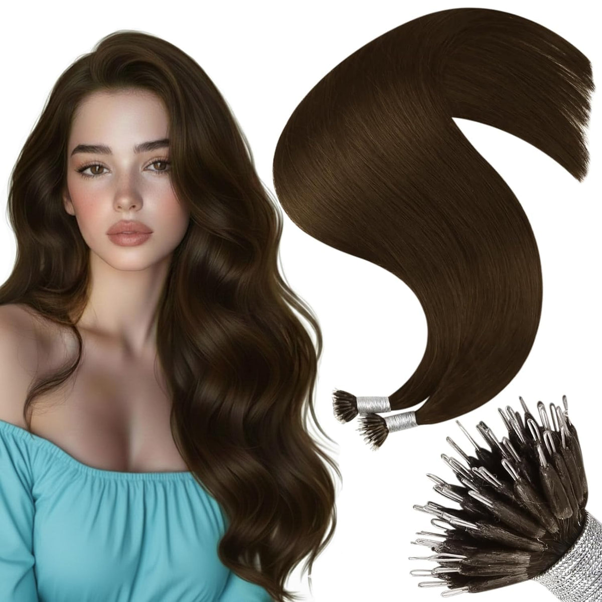 Moresoo Nano Bead Hair Extensions 14 Inch Medium Brown front view