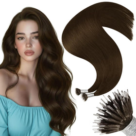 Moresoo Nano Bead Hair Extensions 14 Inch Medium Brown front view
