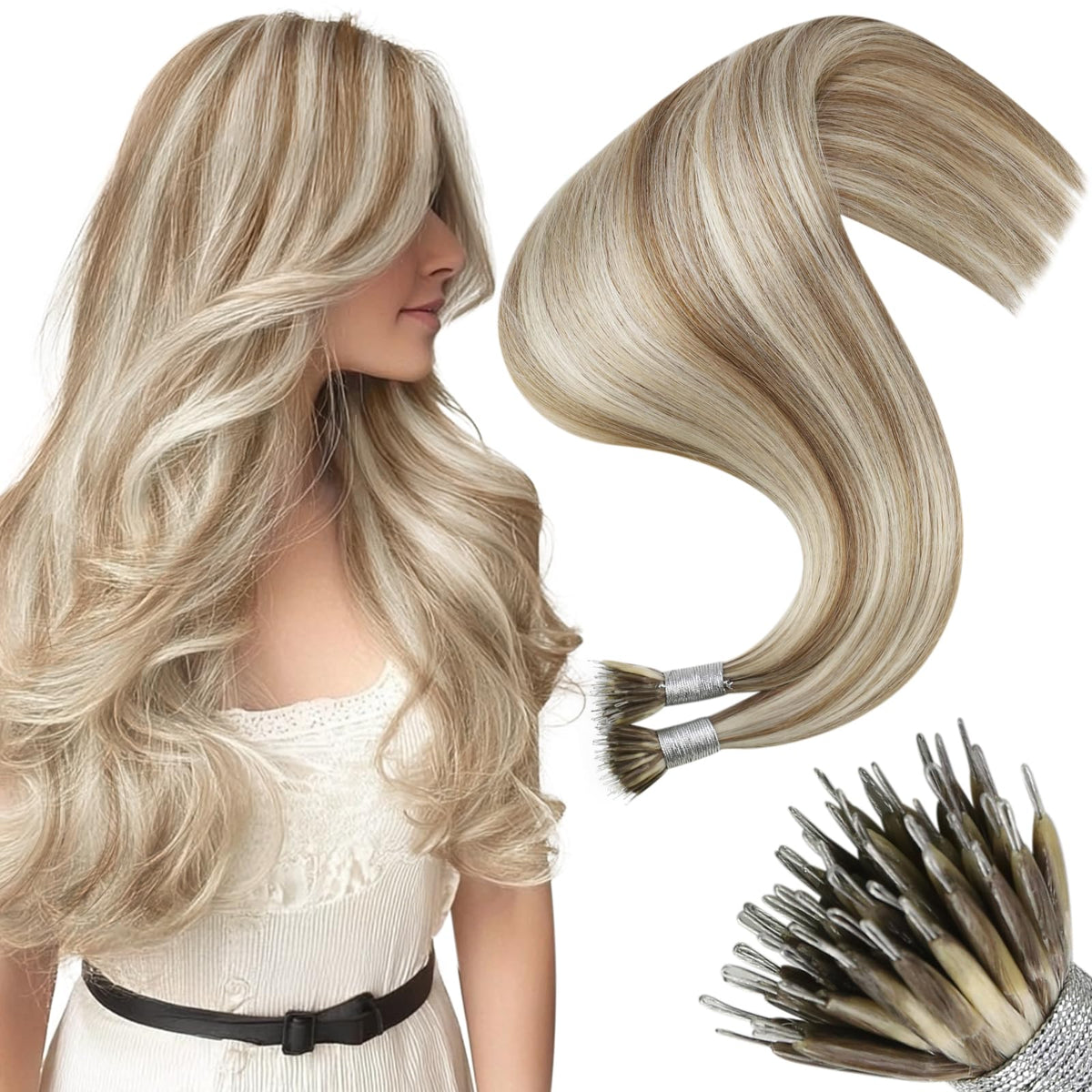 Moresoo Nano Bead Hair Extensions 16 Inch Beige Platinum Blonde front view