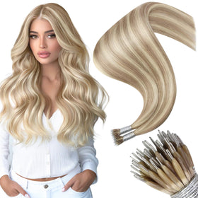 Moresoo Nano Bead Hair Extensions 16 Inch Golden Beige Blend front view