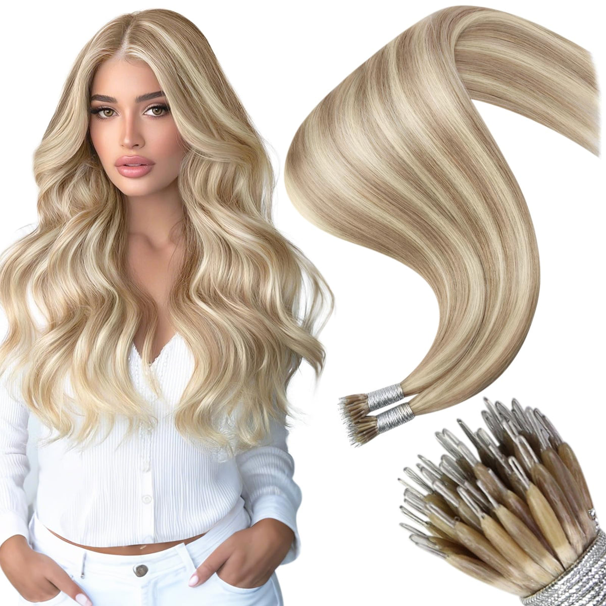 Moresoo Nano Bead Hair Extensions Golden Beige Blend front view
