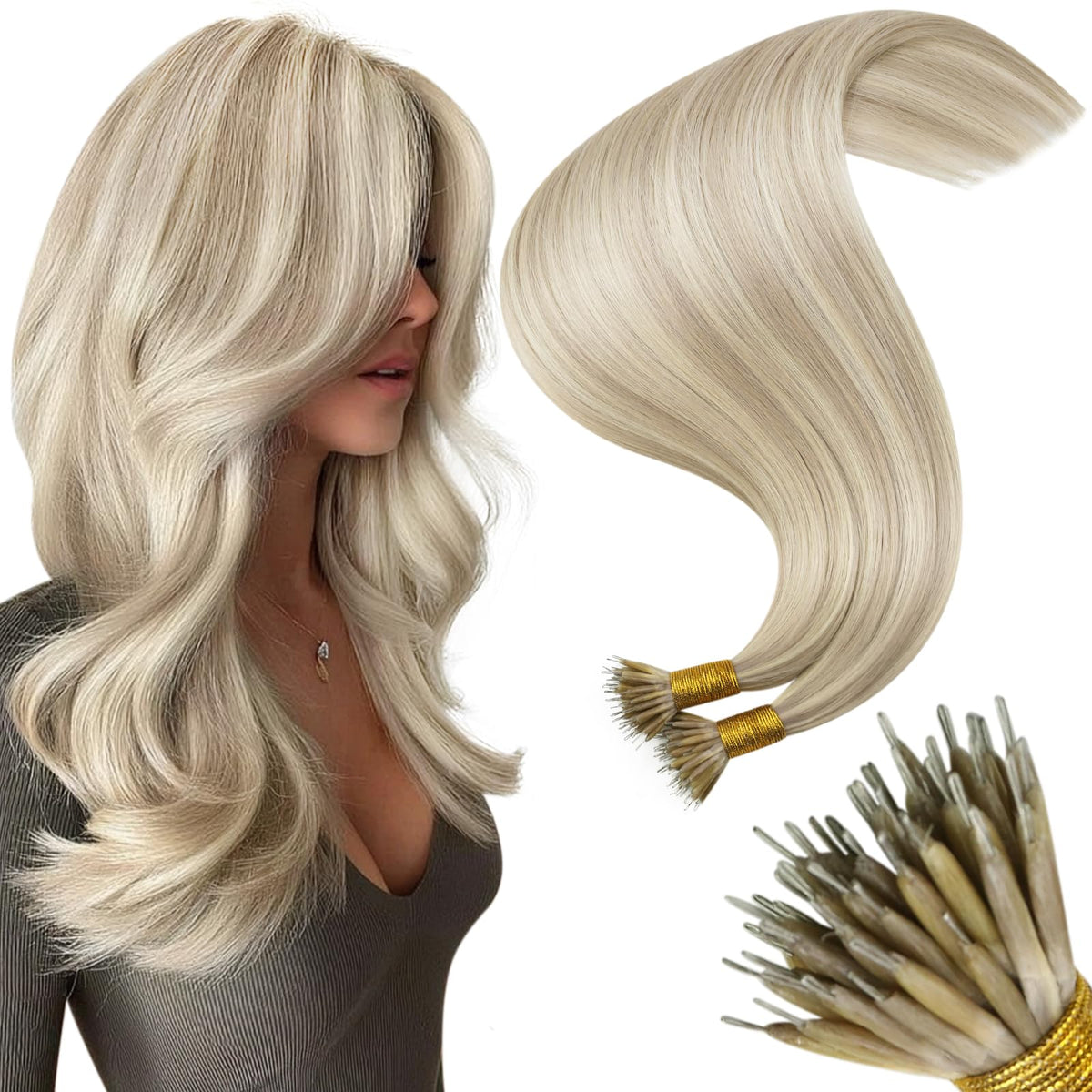 Moresoo Nano Hair Extensions 14 Inch Ash and White Blonde front view