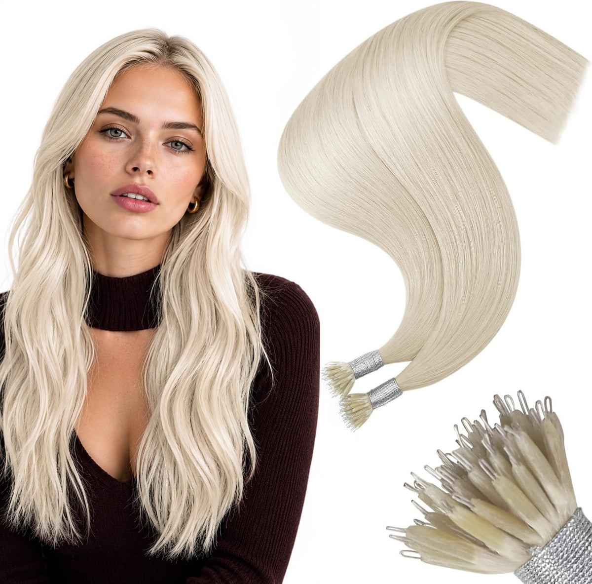 Moresoo Nano Hair Extensions 14 Inch White Blonde front view