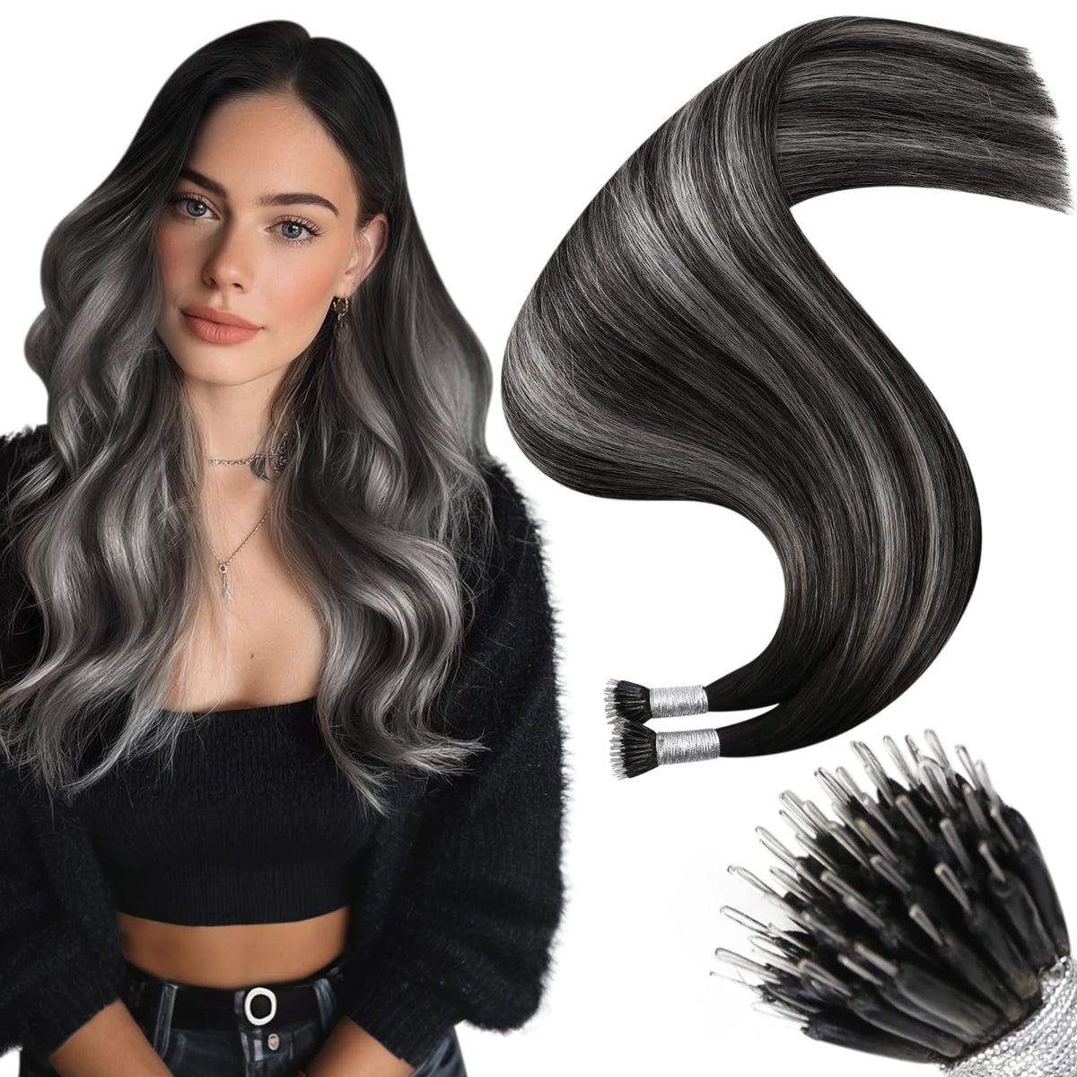 Moresoo Nano Hair Extensions Black Silver Balayage front view