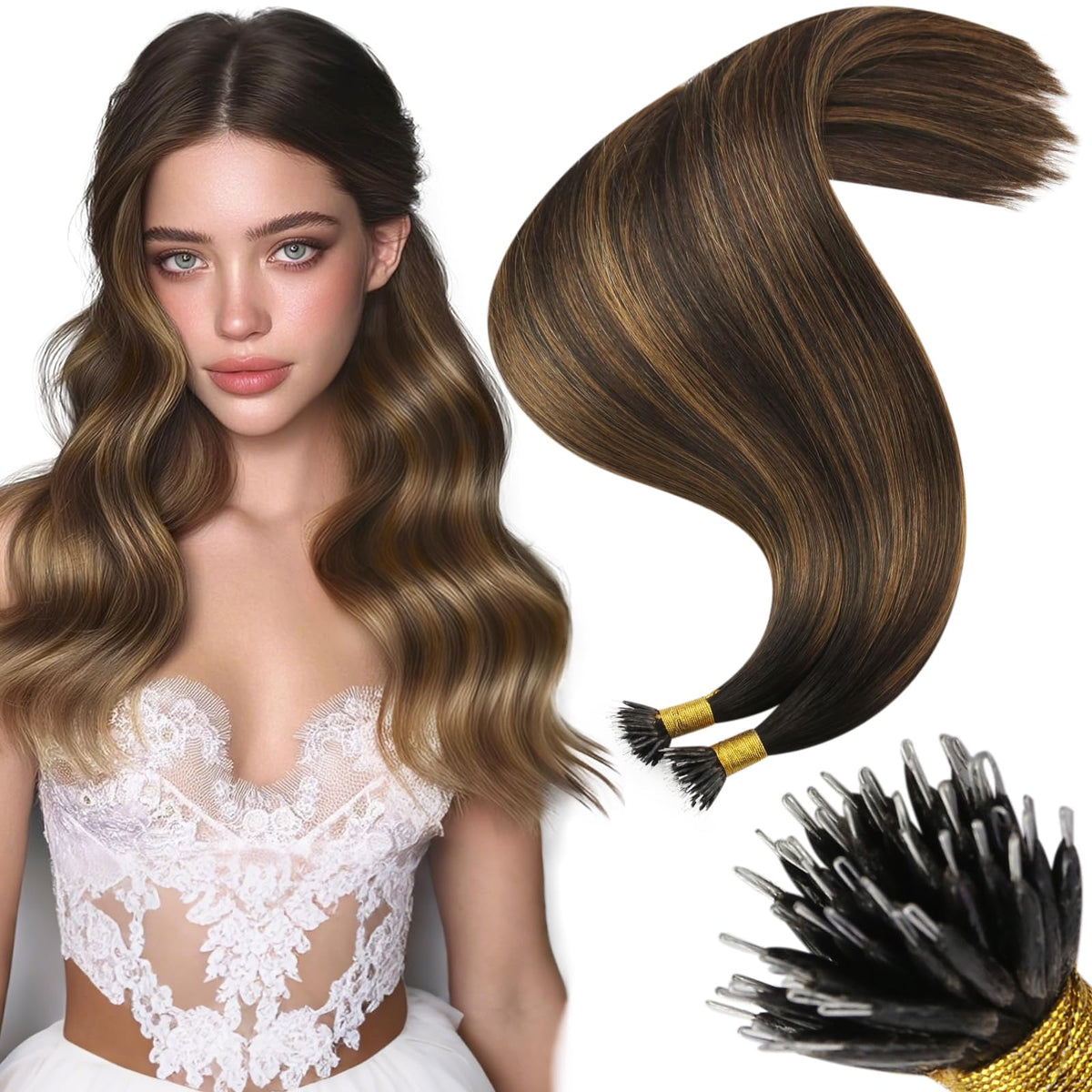 Moresoo Nano Hair Extensions Brown Chestnut Balayage front view