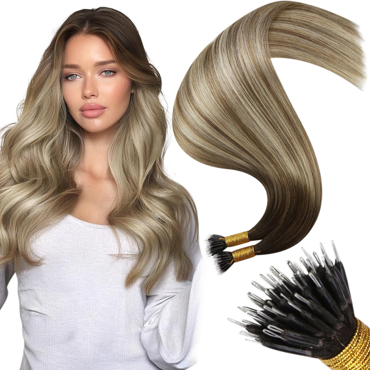 Moresoo Nano Tip Hair Extensions 24 Inch Brown Bleach Blonde front view