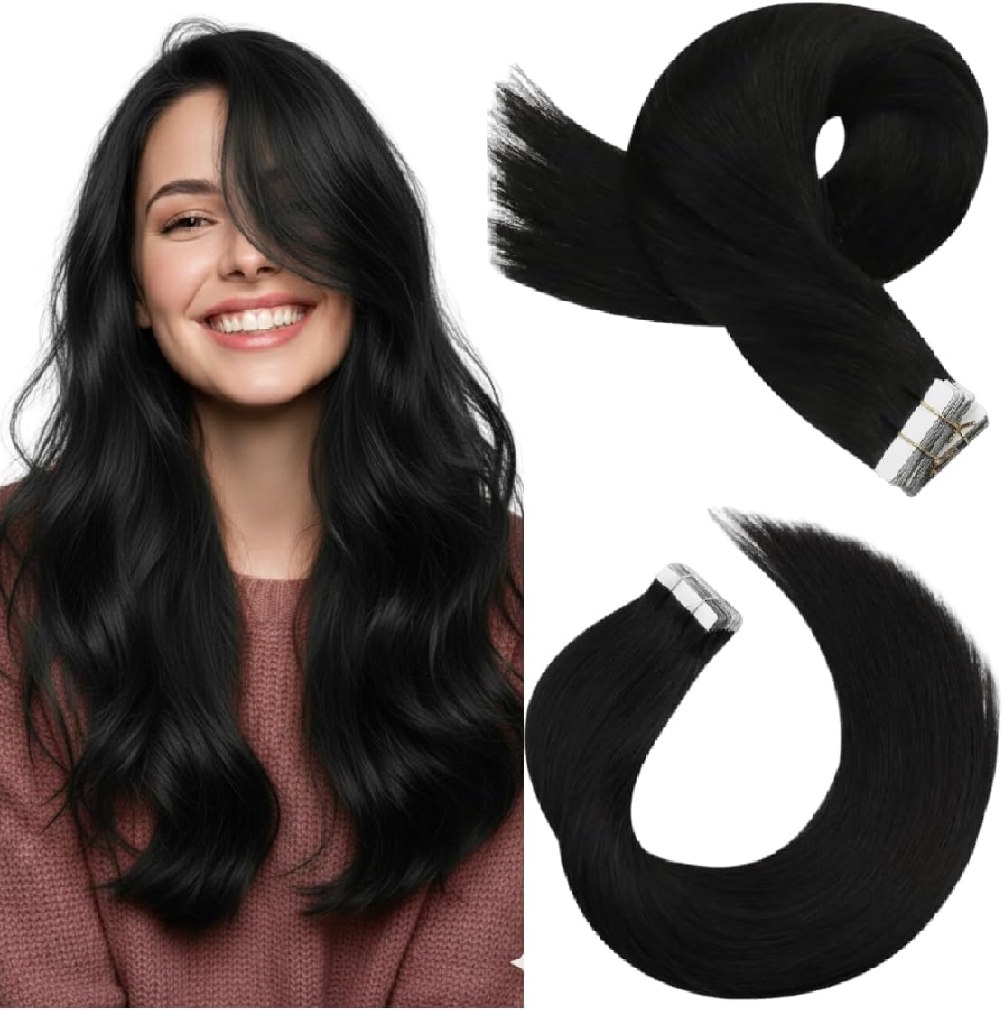 Moresoo Natural Black Tape In Human Hair Extensions 12 Inch front view