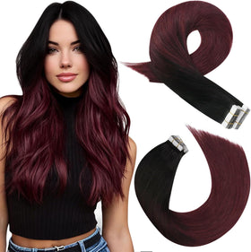 Moresoo Ombre Tape-In Hair Extensions Off Black Wine Red front view