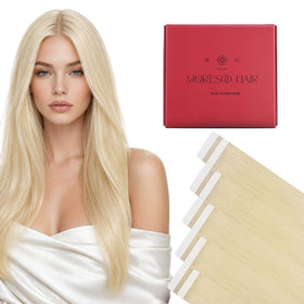 Moresoo Platinum Blonde Tape In Hair Extensions 22in front view