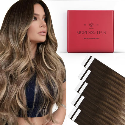 Moresoo Tape Extensions Golden Brown Balayage front view