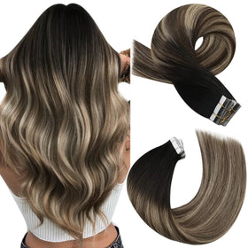 Moresoo Tape Hair Extensions 16 Inch Espresso Caramel Balayage front view