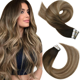 Moresoo Tape Hair Extensions 22in Golden Brown Balayage front view