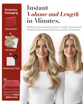 Moresoo Tape Hair Extensions displayed with curling iron