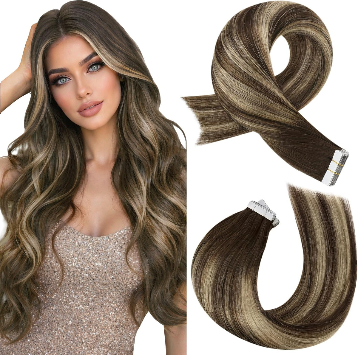 Moresoo Tape in Extensions Caramel Balayage 12in front view