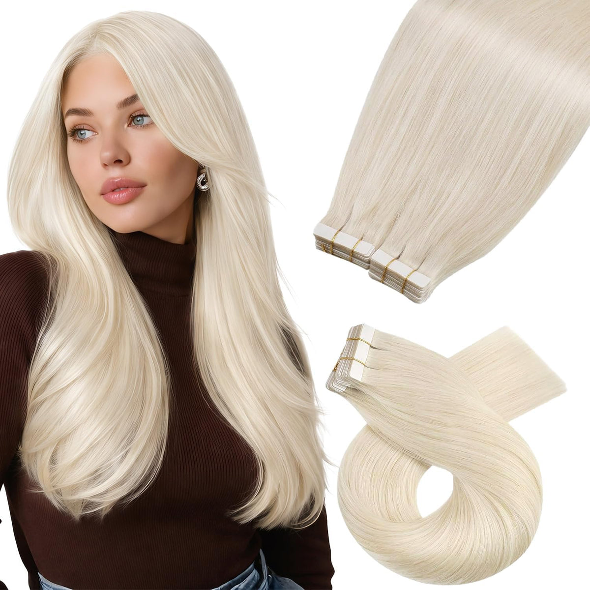 Moresoo Tape-In Hair Extensions 12 Inch White Blonde front view