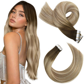 Moresoo Tape-In Hair Extensions 12in Brown Blonde front view