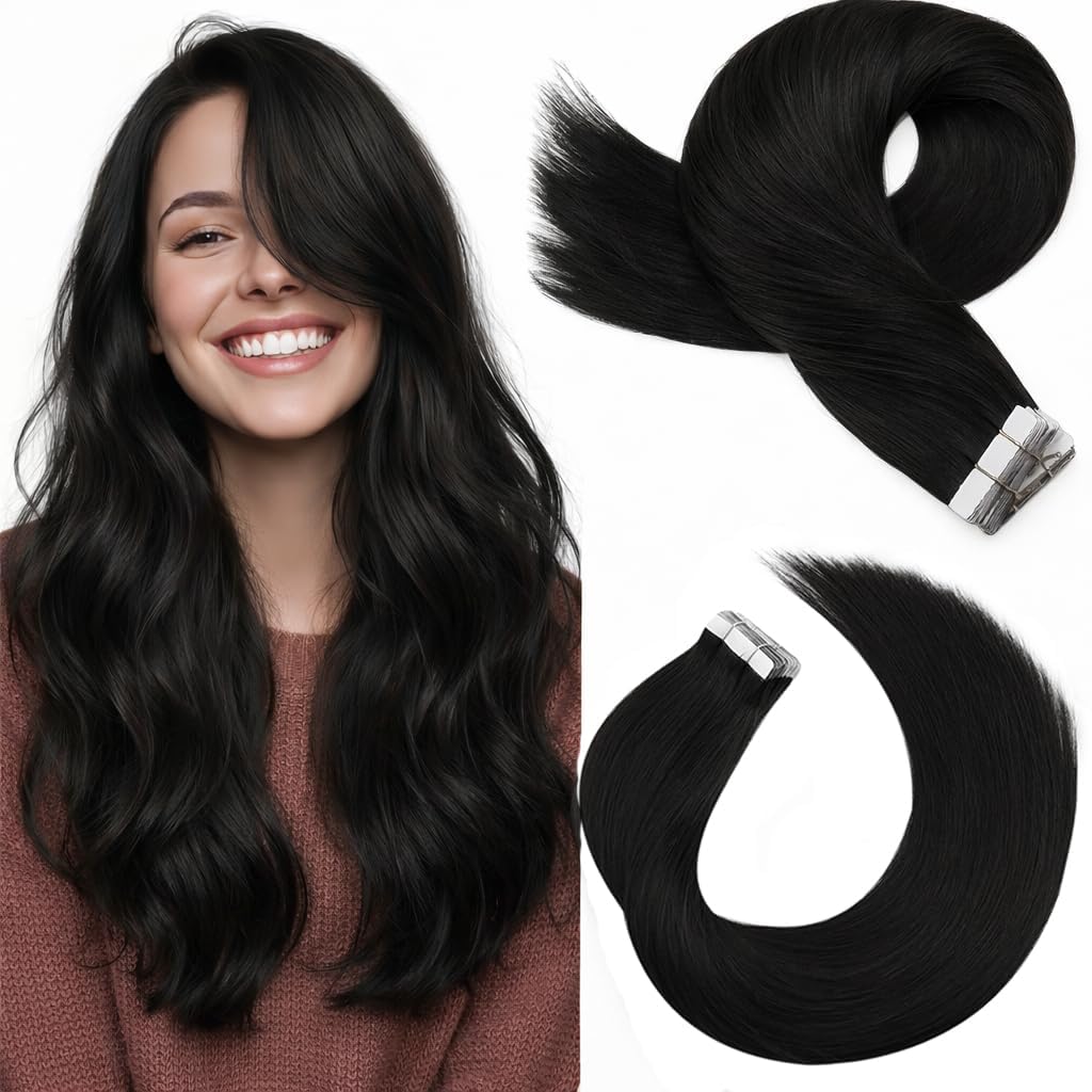 Moresoo Tape In Hair Extensions 16 Inch Natural Black front view