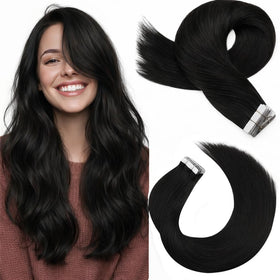 Moresoo Tape In Hair Extensions 16 Inch Natural Black front view