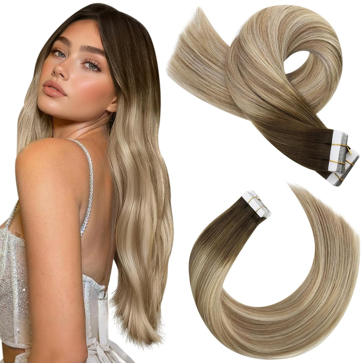 Moresoo Tape in Hair Extensions 16in brown blonde front view