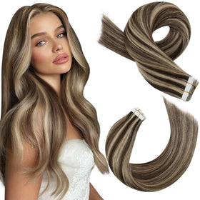 Moresoo Tape In Hair Extensions 16in brown with blonde highlights front view