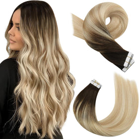 Moresoo Tape in Hair Extensions 18 Inch Brown Blonde front view