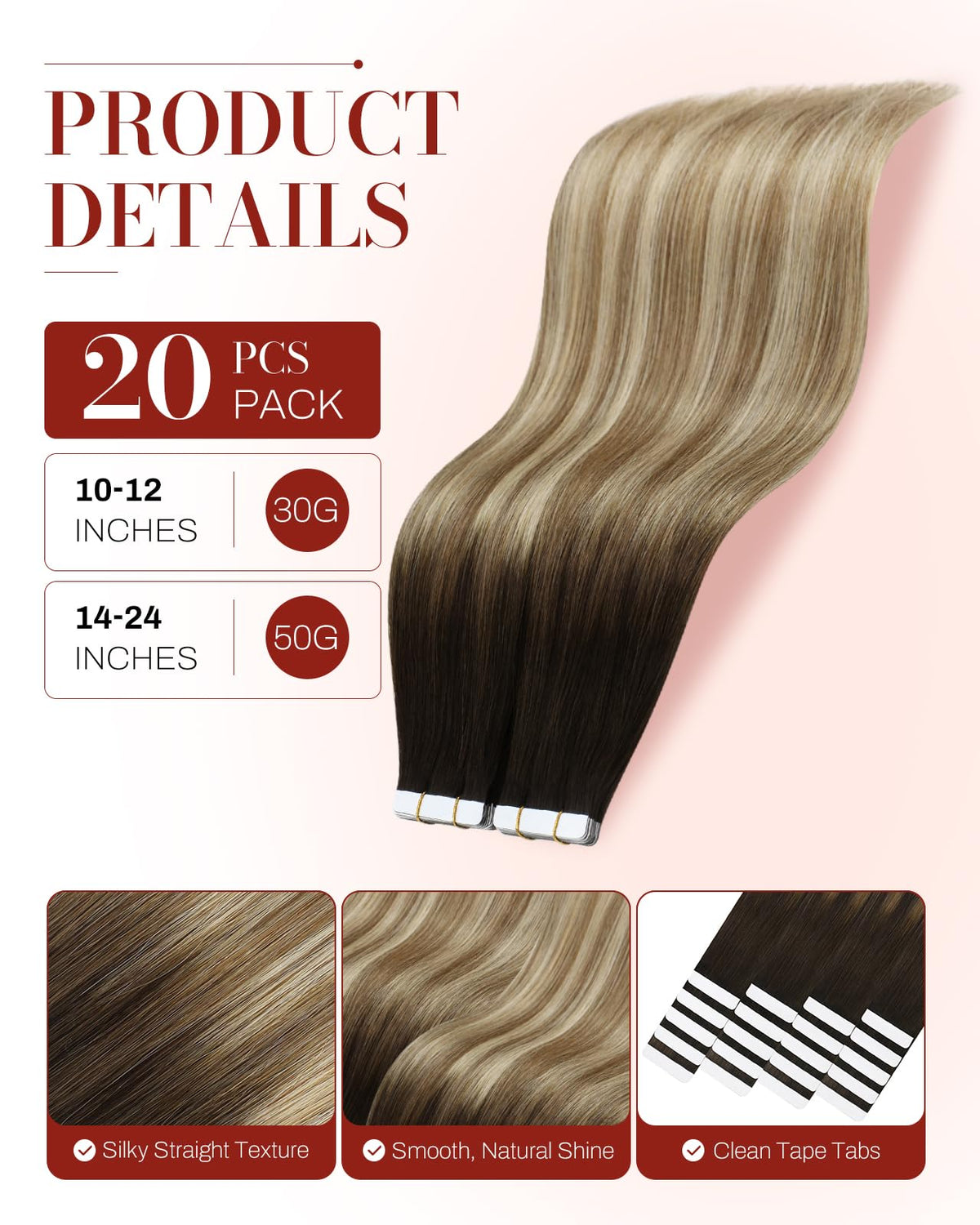 Moresoo Tape in Hair Extensions 18in dark brown blonde close-up of tape