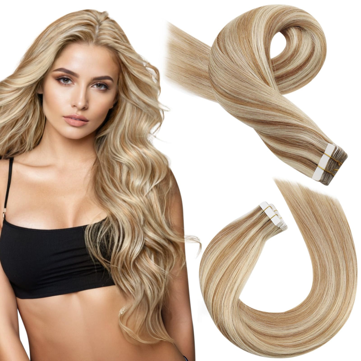 Moresoo Tape-In Hair Extensions 20in brown blonde highlights front view