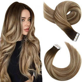 Moresoo Tape-In Hair Extensions 22in dark brown blonde front view