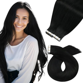 Moresoo Tape-In Hair Extensions 24 Inch black model front view