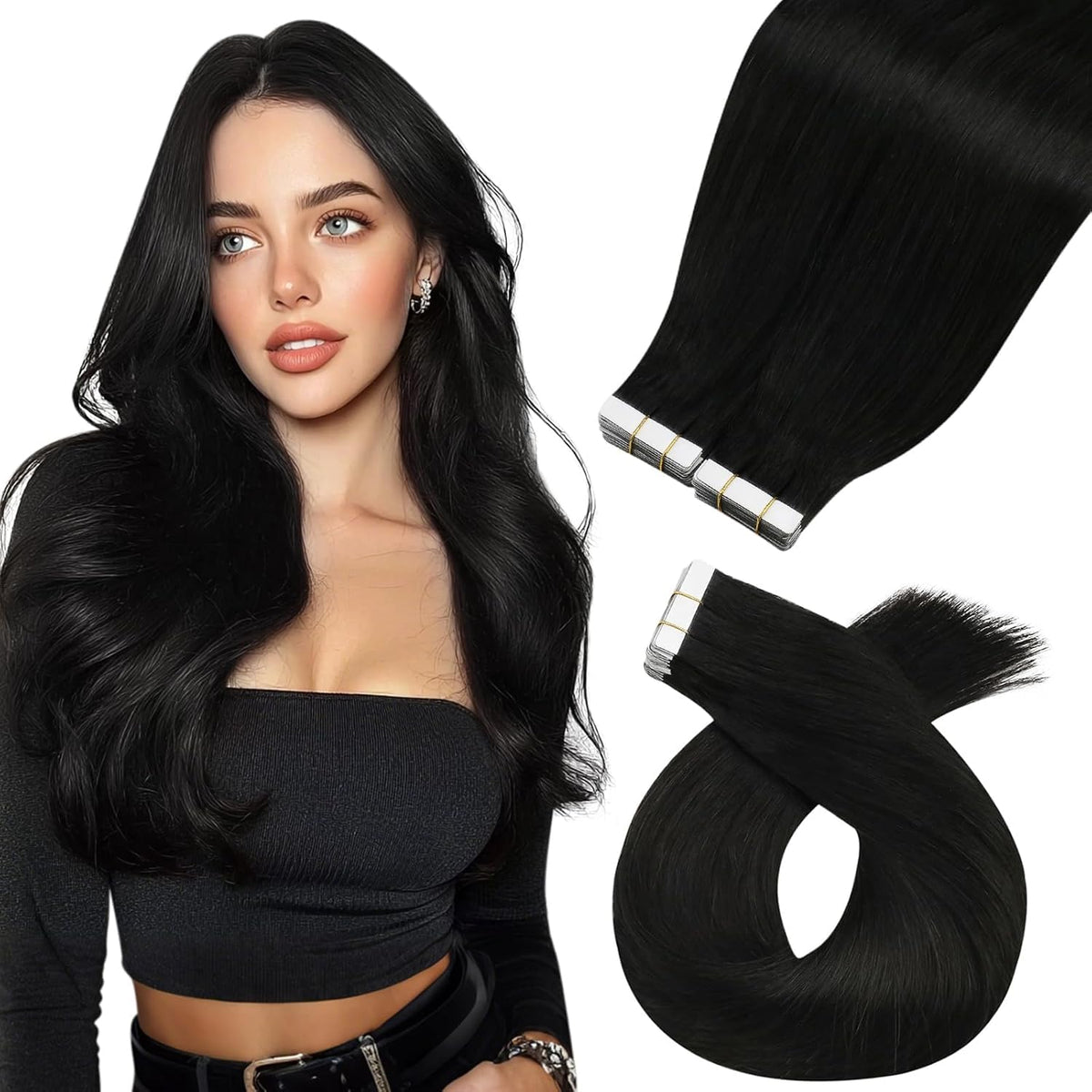 Moresoo Tape-In Hair Extensions 26 inch Natural Black front view