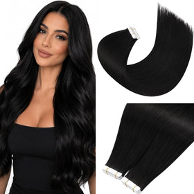Moresoo Tape in Hair Extensions 28 inch Natural Black front view