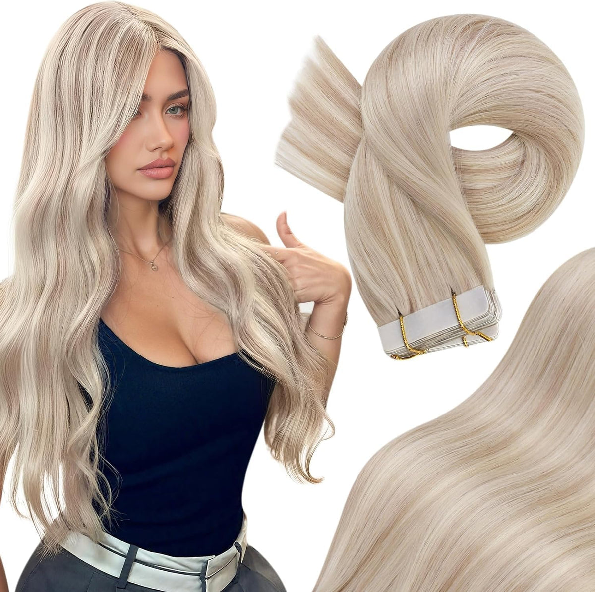 Moresoo Tape in Hair Extensions Ash Blonde 22in front view