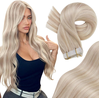 Moresoo Tape in Hair Extensions Ash Blonde 22in front view