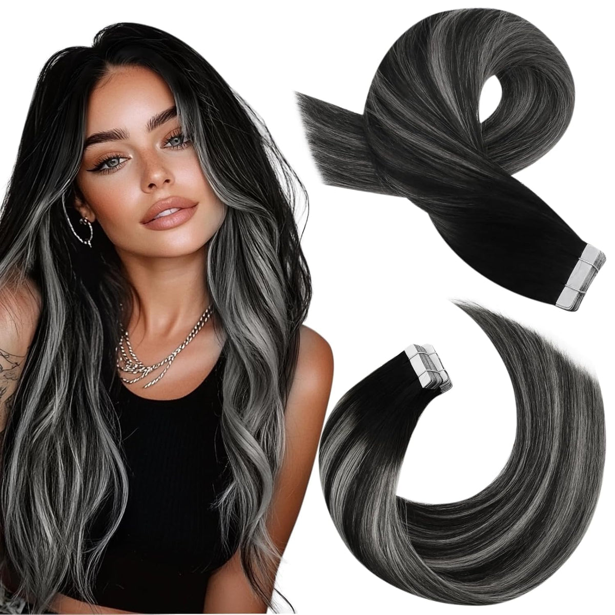 Moresoo Tape-In Hair Extensions black silver balayage front view