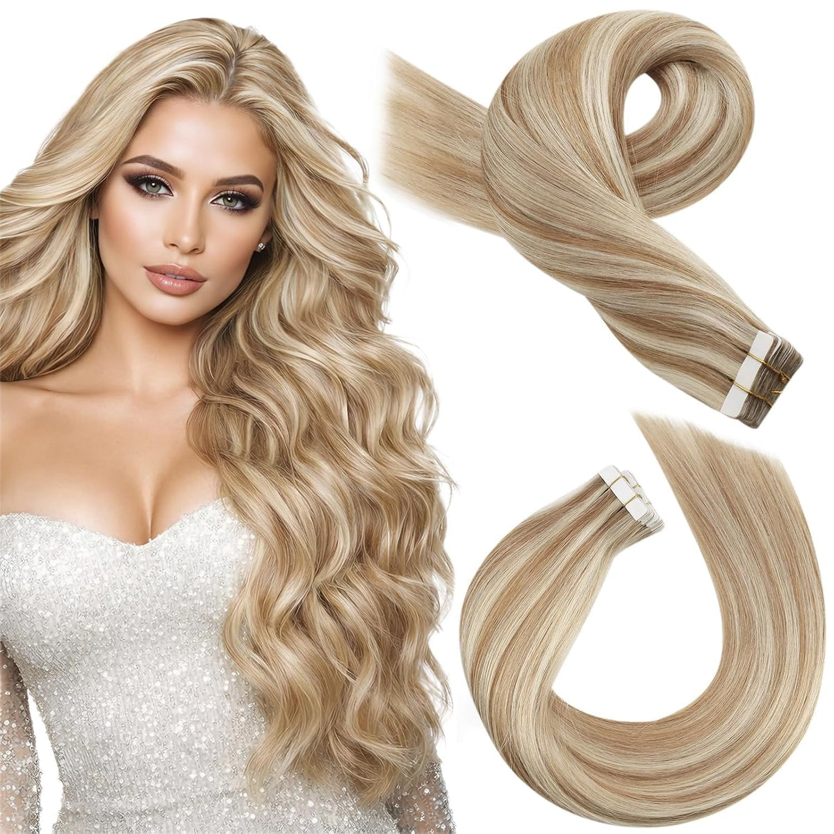 Moresoo Tape-In Hair Extensions Brown Blonde Highlights front view