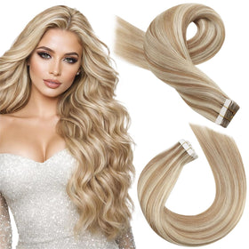 Moresoo Tape-In Hair Extensions Brown Blonde Highlights front view