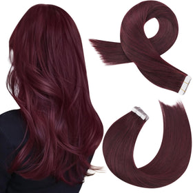 Moresoo Tape-in Hair Extensions Burgundy Red 14in front view