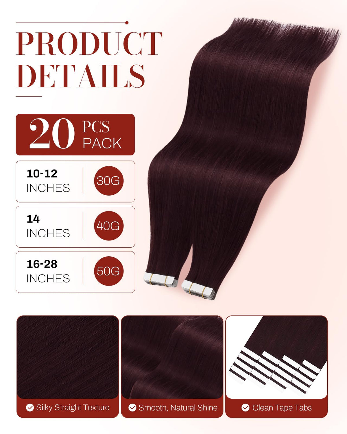 Moresoo Tape-In Hair Extensions Burgundy Red close-up of tape