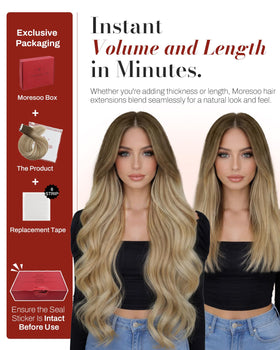 Moresoo Tape in Hair Extensions displayed with hair tools