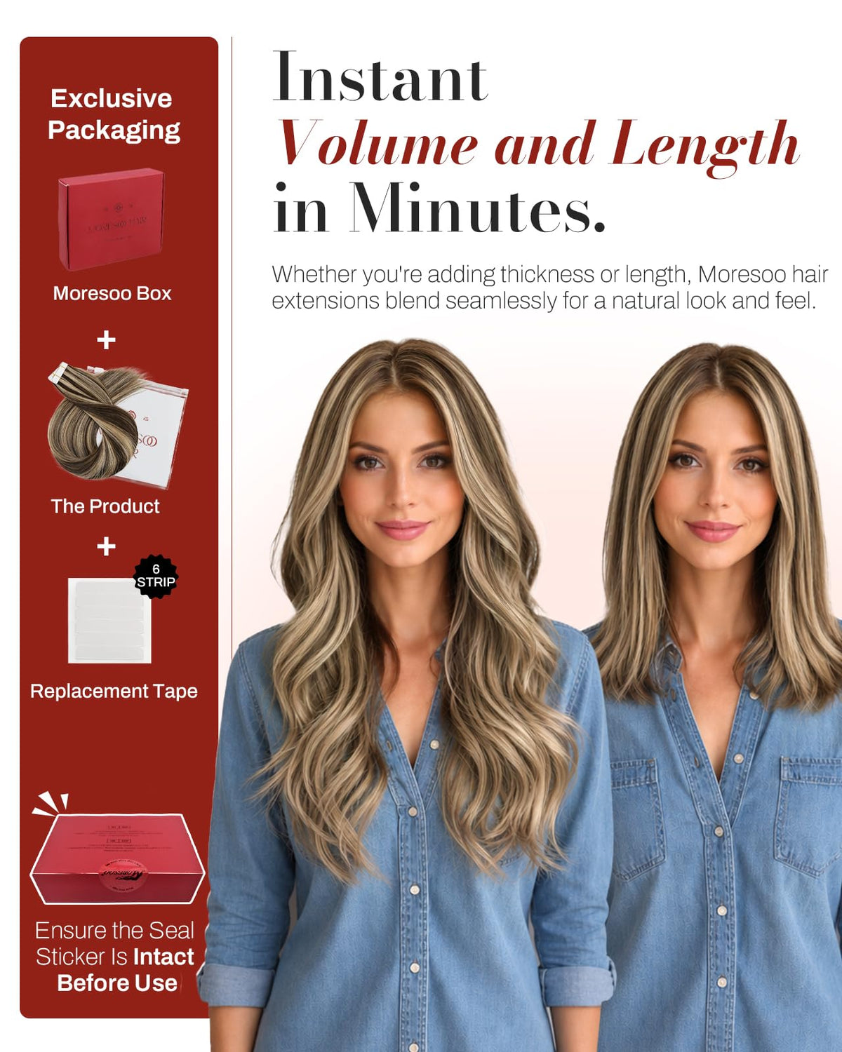 Moresoo Tape in Hair Extensions displayed with styling tools