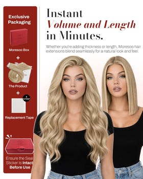 Moresoo Tape-in Hair Extensions Honey Blonde with styling tools