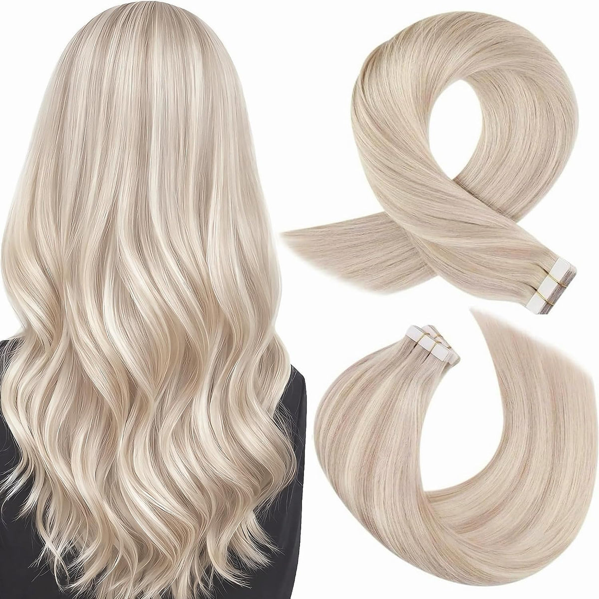 Moresoo Tape in Human Hair Extensions Ash Blonde front view