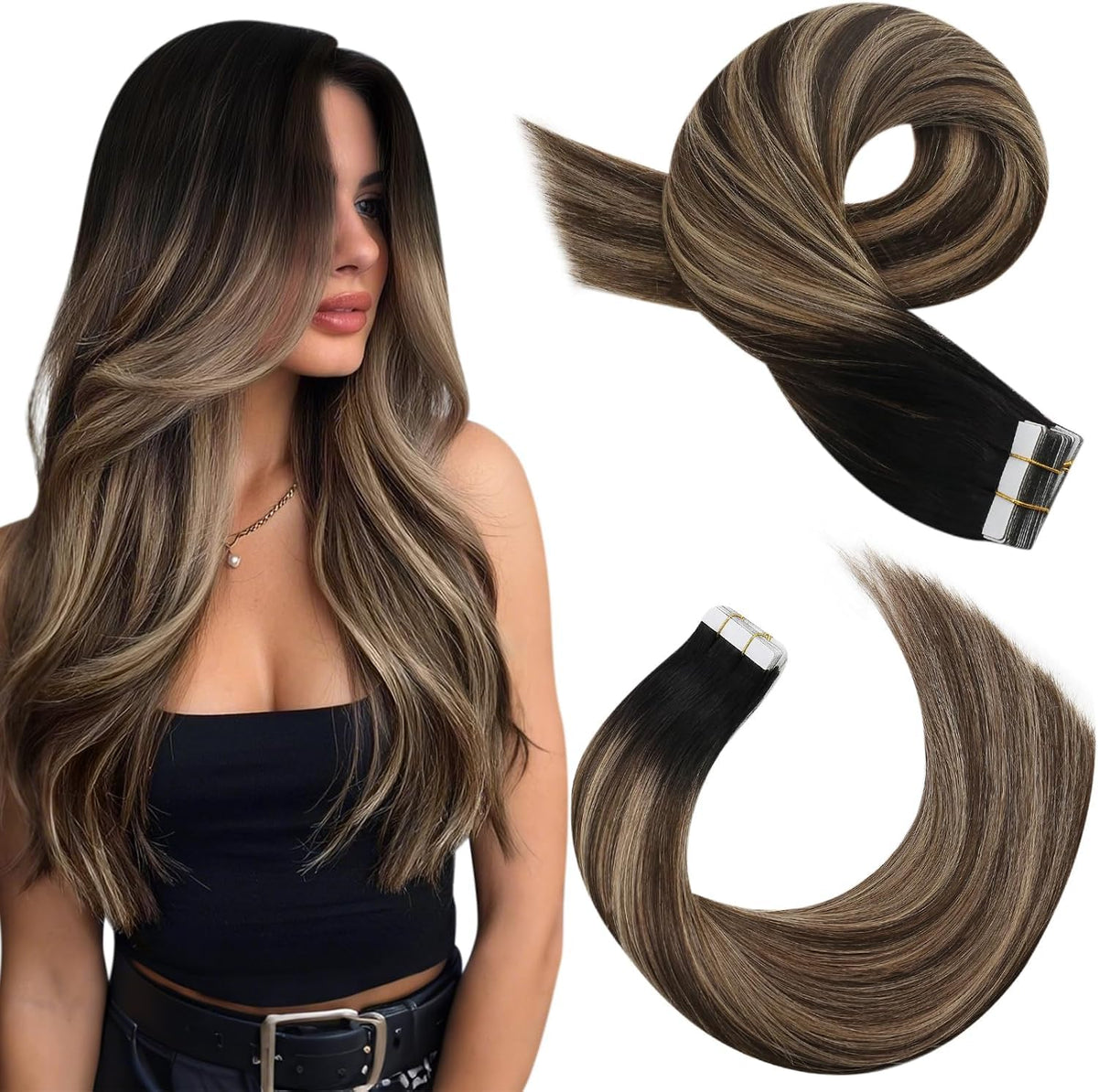 Moresoo Tape in Human Hair Extensions Balayage Brown front view