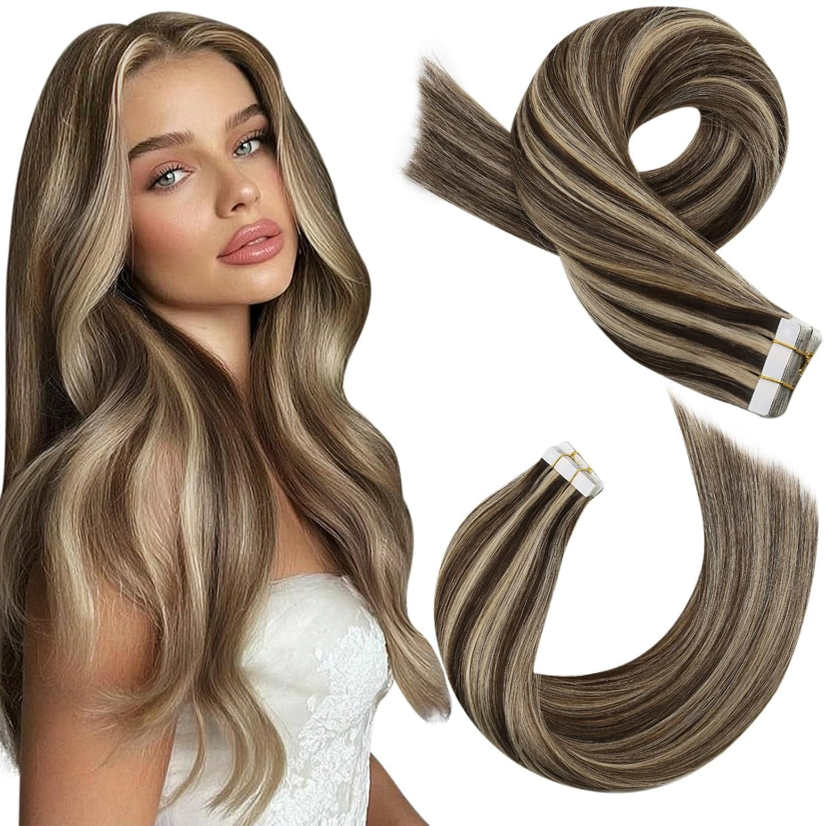 Moresoo Tape in Human Hair Extensions Brown with Blonde front view
