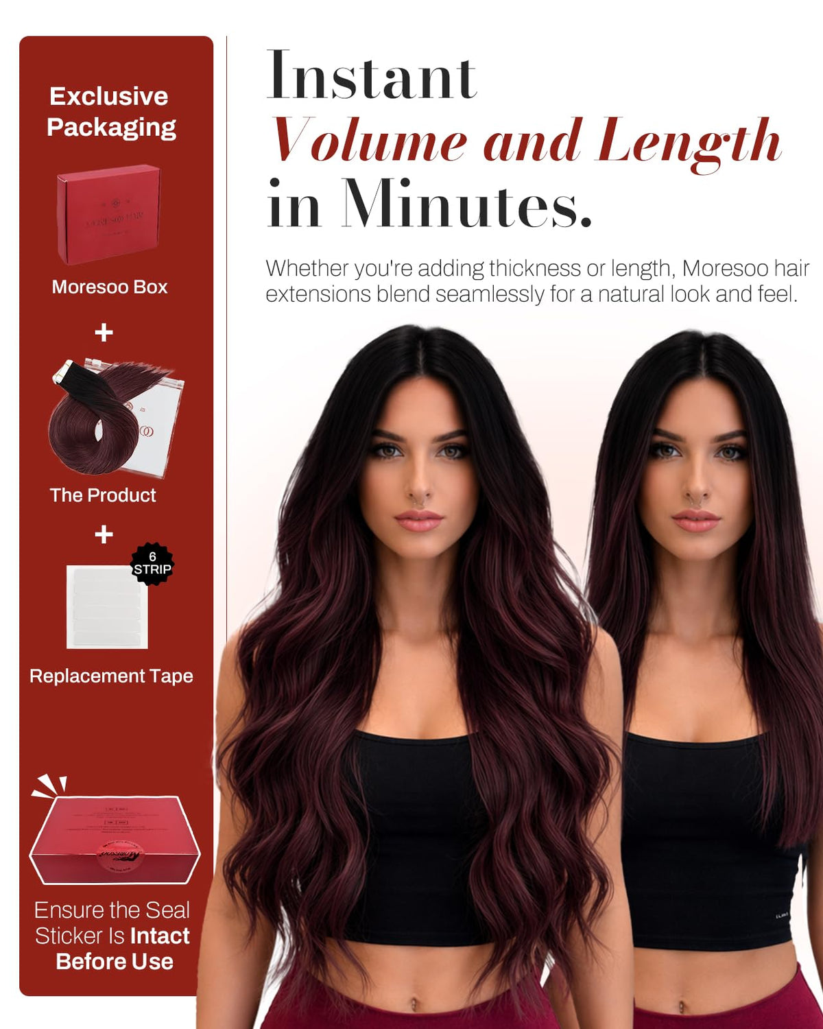 Moresoo Tape in Human Hair Extensions Wine Red Balayage back view
