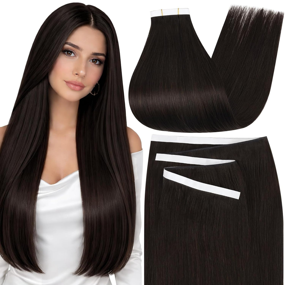 Moresoo Tape in Weft Hair Extensions Dark Brown front view
