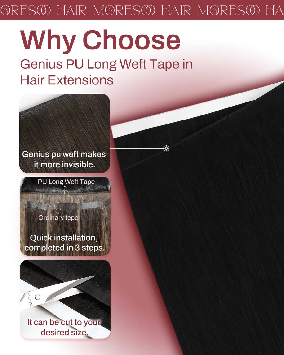 Moresoo Tape in Wefts Jet Black packaging with accessories